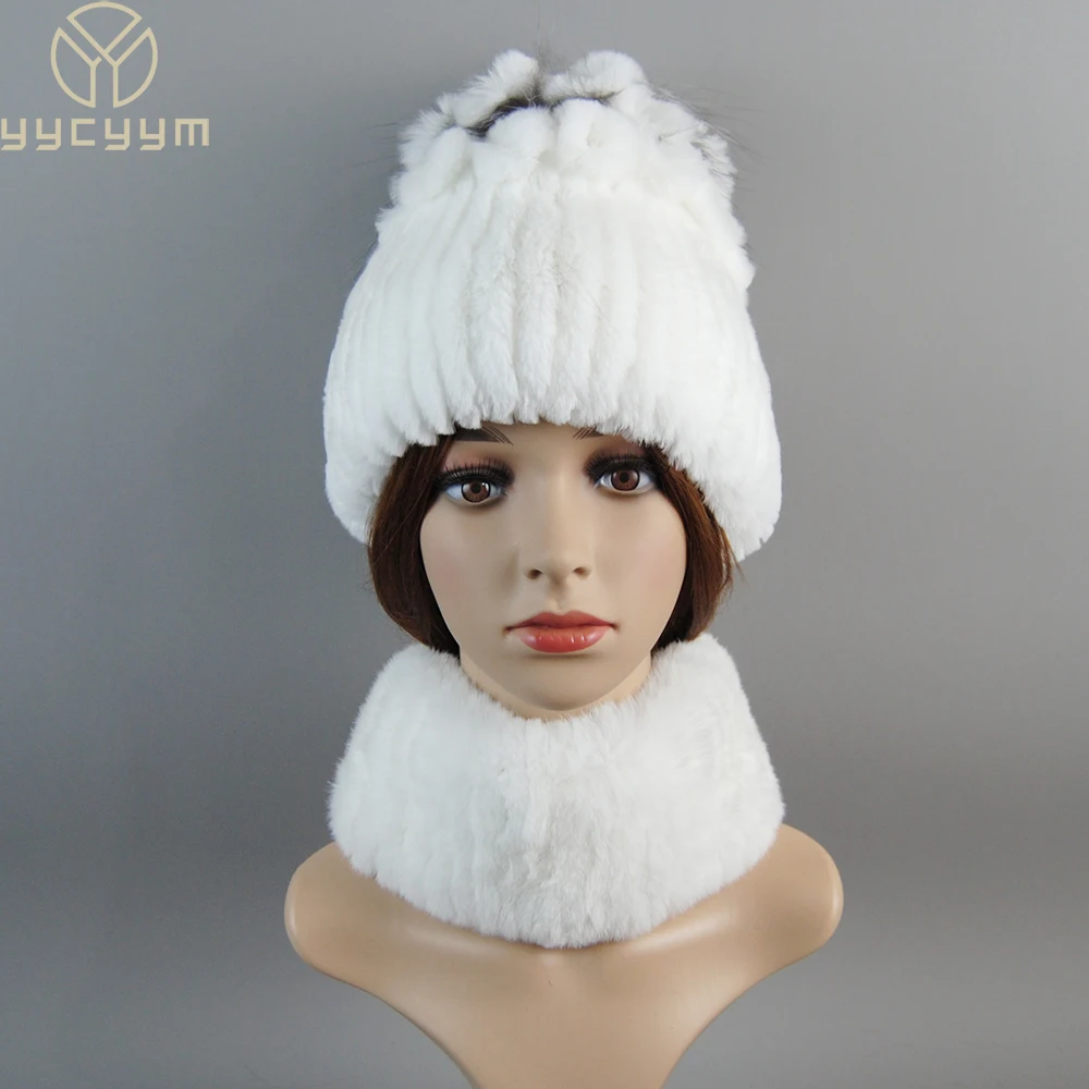 Conjunto de gorro y bufanda de piel de conejo Rex auténtica para mujer, gorro con silenciador de piel de conejo Rex Natural cálido para invierno, bufandas de piel auténtica, sombreros