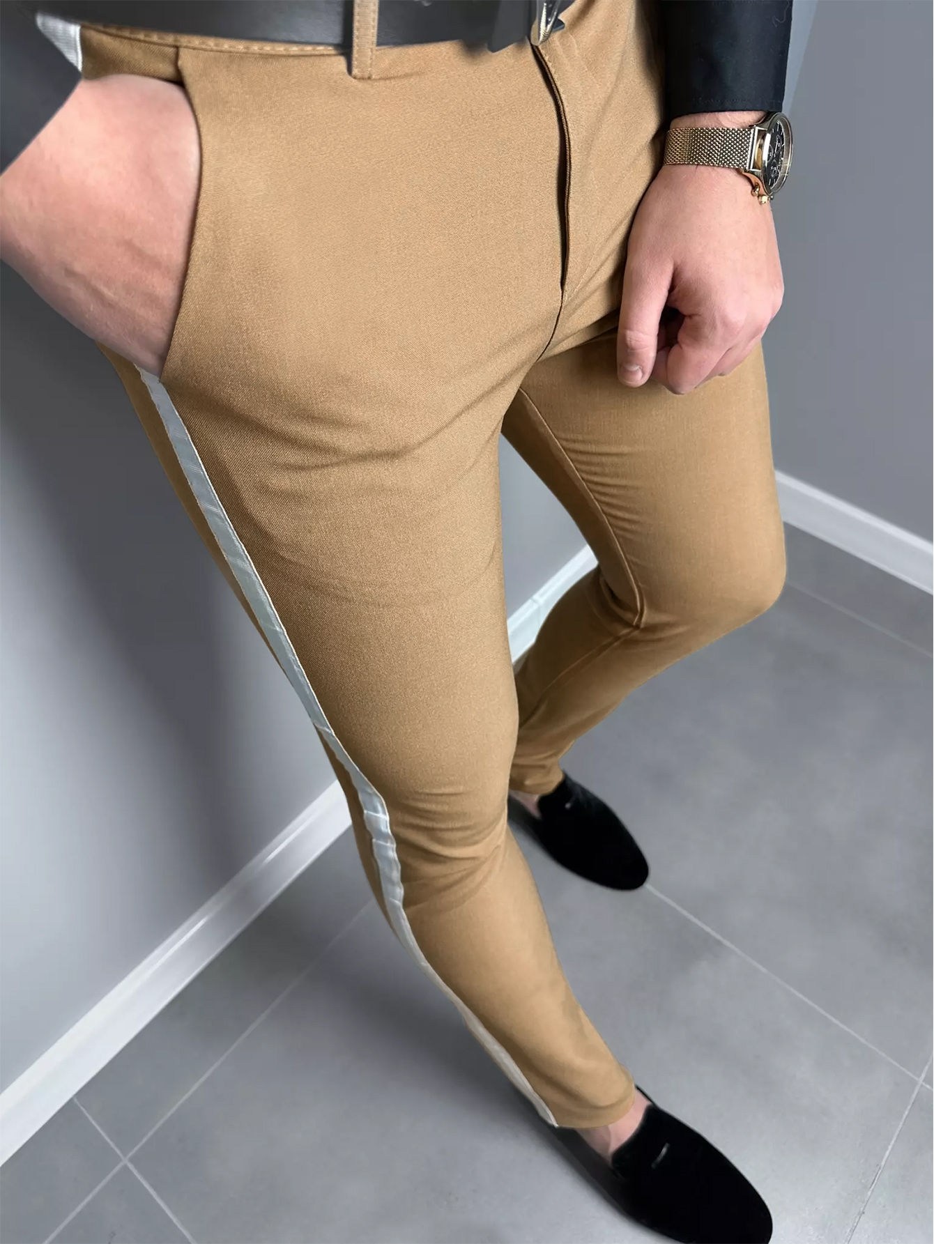 Fashion Light Business Men's Trousers Solid Color Splicing White Side Stripe Slim Pants Daily Versatile Traveling