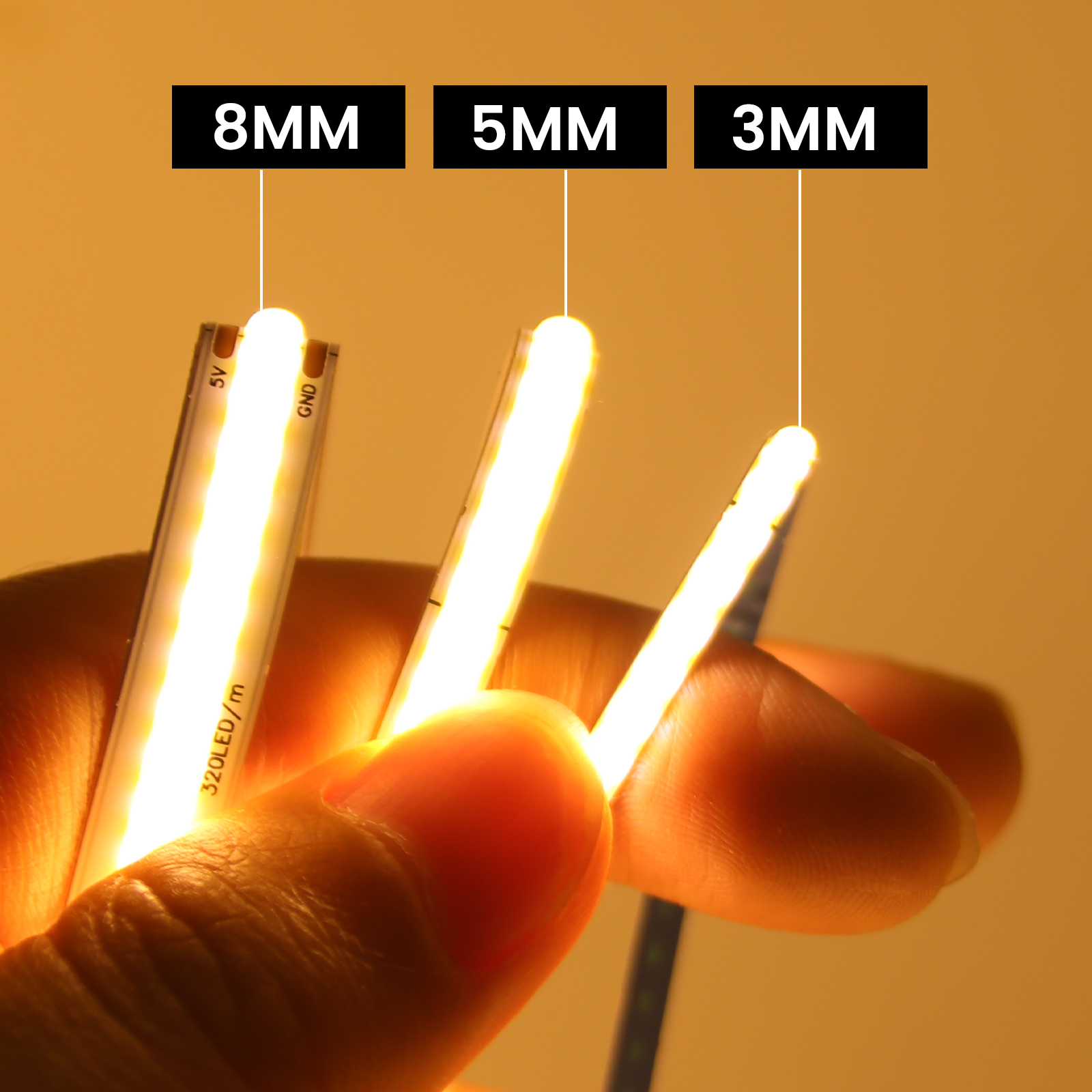 5 V COB-LED-Streifen, 3 mm, 5 mm, 8 mm Breite, 320 LEDs/m, hochdichtes COB-LED-Band, AA-batteriebetriebene lineare Beleuchtung, Weiß, Rot, Grün, Blau