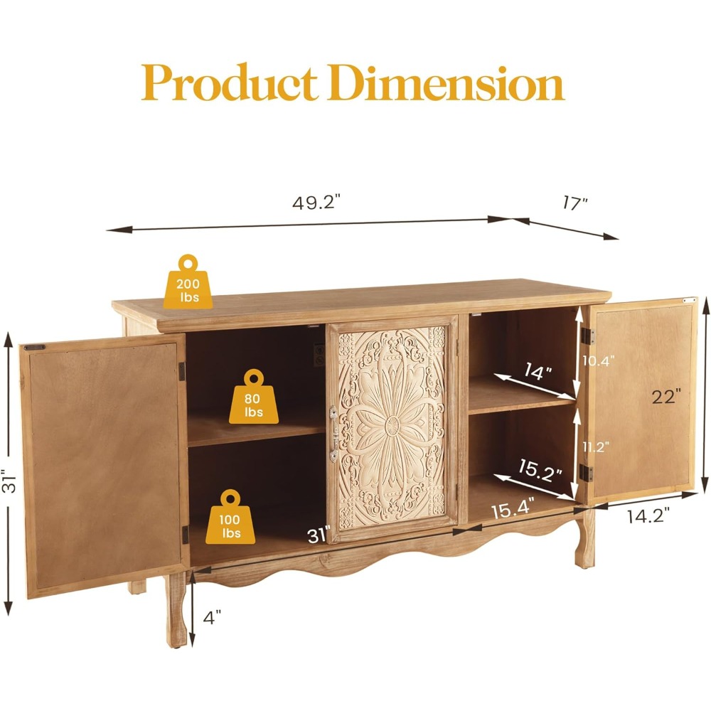 Farmhouse Sideboard Buffet Cabinet with Storage, 49" Solid Wood Credenza Buffet Table Coffee Bar Wine Bar Storage Cabnet