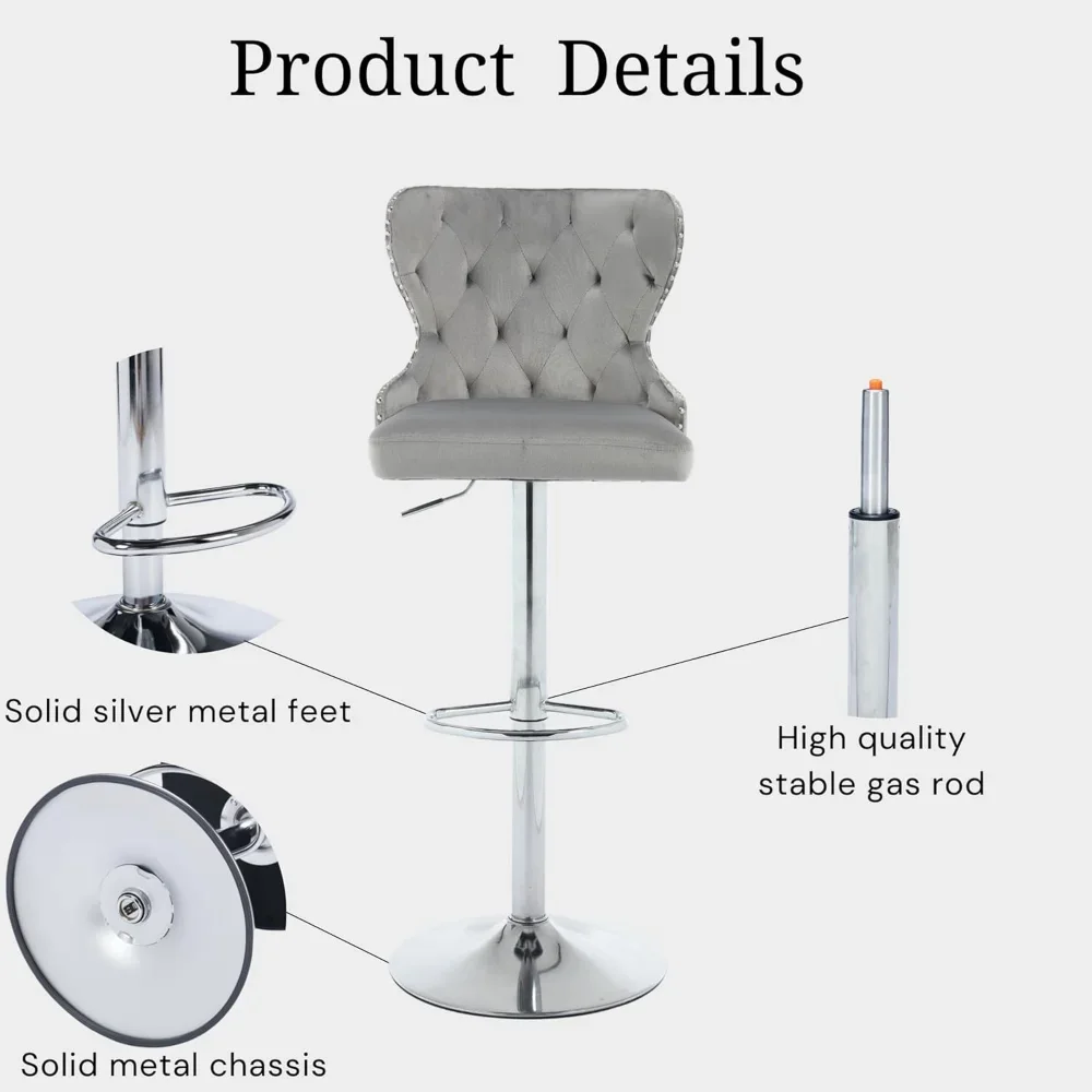 Set of 2 Adjustable Swivel Bar Stools,Velvet Upholstered Counter Height Chairs with Nailhead Trim, Silver Footrest