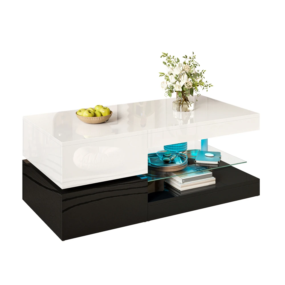 Mesa de centro moderna com iluminação ambiente LED, controle APP e Bluetooth, prateleira de vidro e superfície de alto brilho, 90x45x35,5 cm