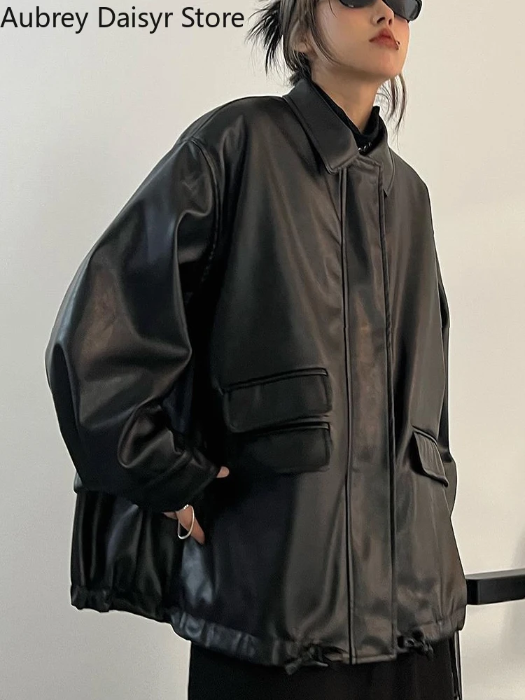 女性用ジッパー付きレザージャケット,ストリートウェア,ブラック,パンク,バイカー,ストリート,ヴィンテージ,カジュアル,2023