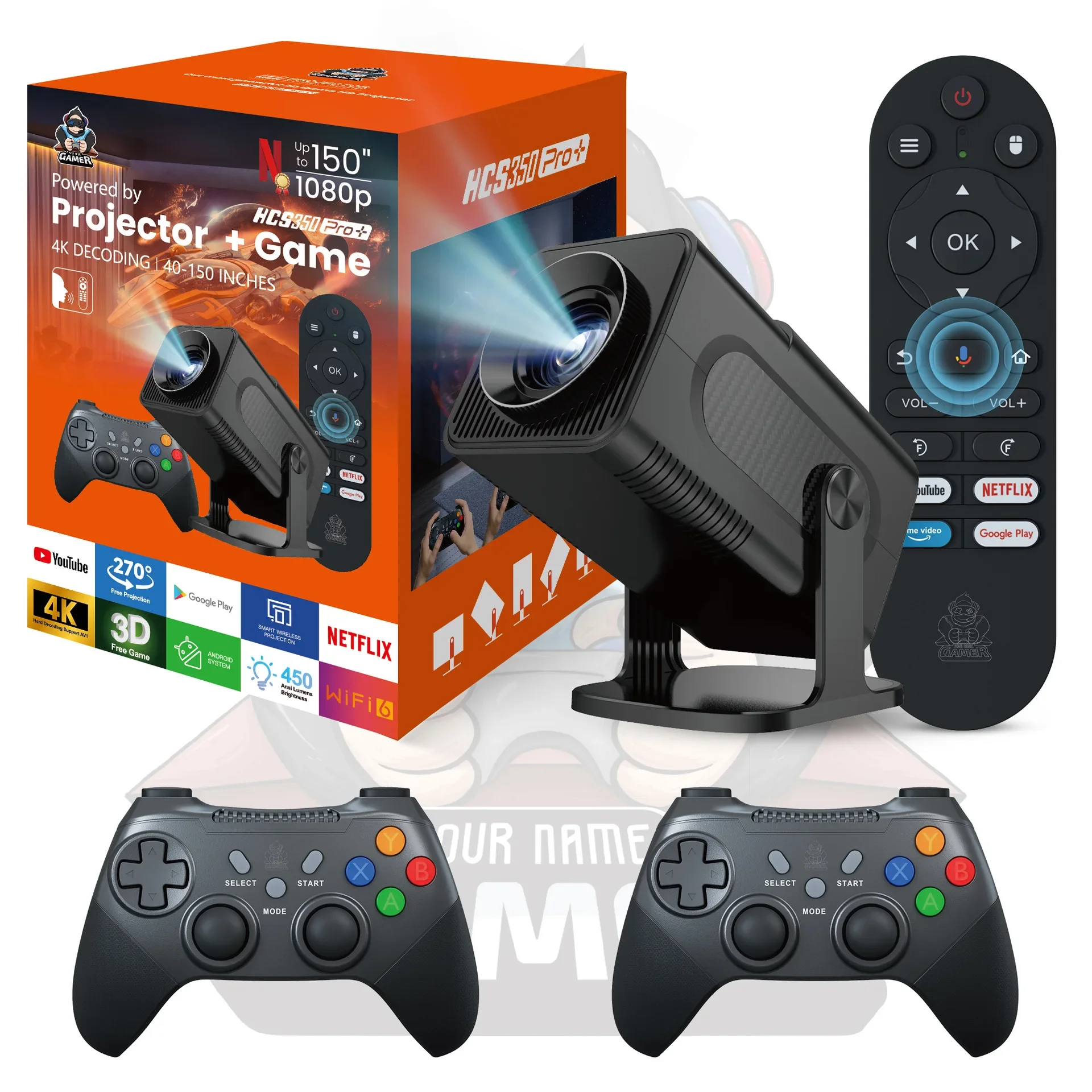 RUSMR HCS350 PRO+ Portable 3D HD Retro Video Game Projector – Dual System (Android), WIFI6 & Smooth Buffering-Free Gaming