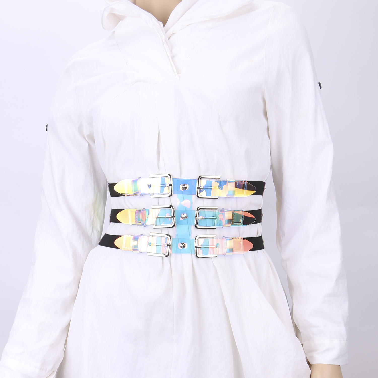 Cinturón de sellado de cintura para mujer, faja elástica, transparente, colorida, multidimensión, tres filas, abrigo de camisa, corsé, fiesta, espectáculo nocturno