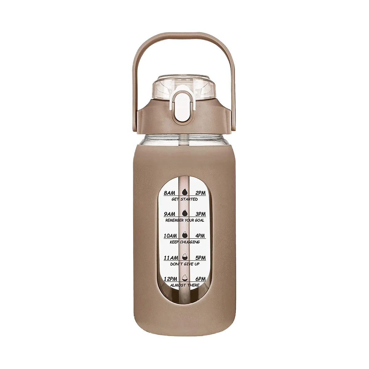 64Oz Glass Water Bottles with Straw, Glass Bottle with Silicone Sleeve and Time Marker, for Gym Home Office Brown