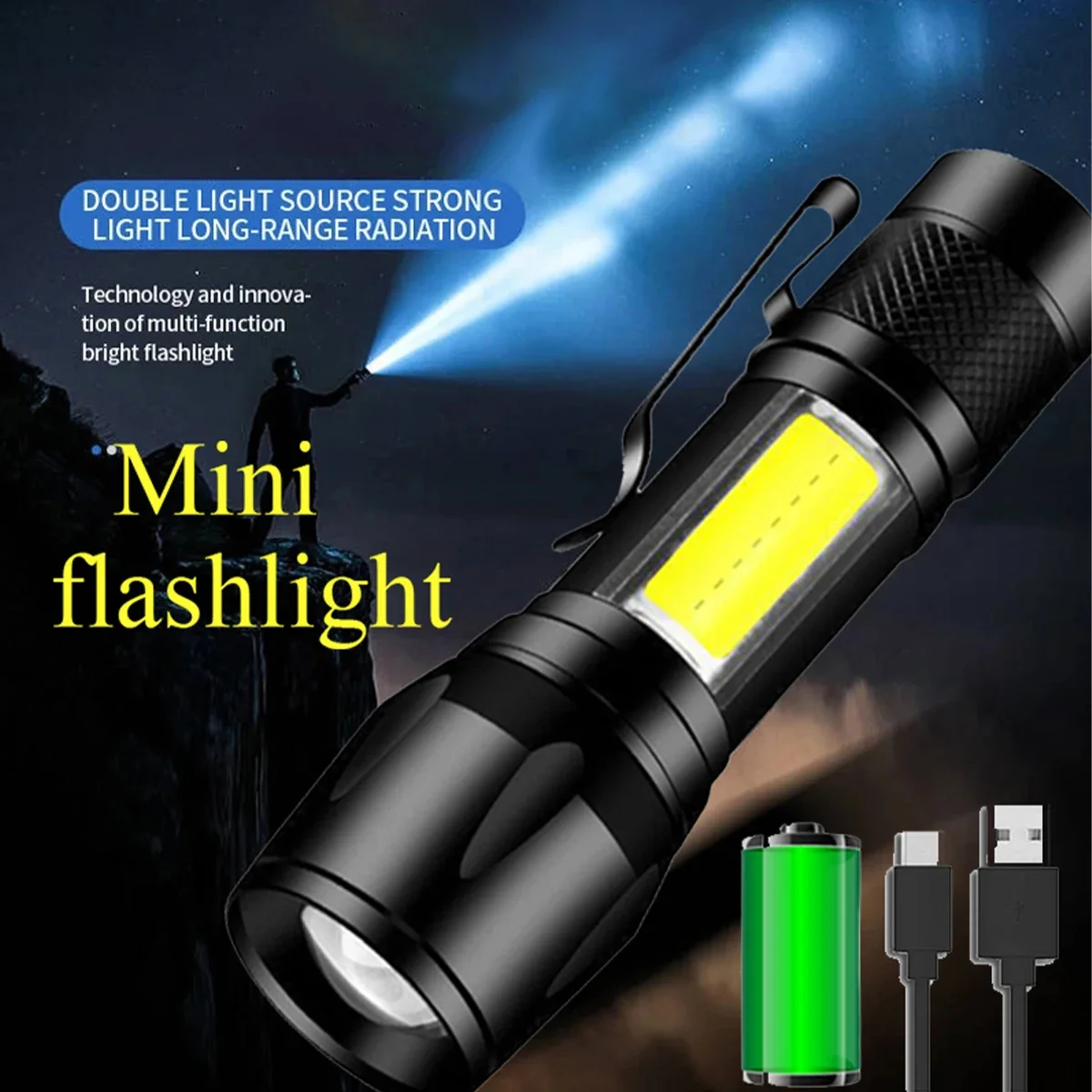 Mini lampe de poche LED puissante COBtXPEZoom, torche intégrée, batterie Rechargeable par USB, avec pince à stylo, lampe d'urgence pour Camping en plein air