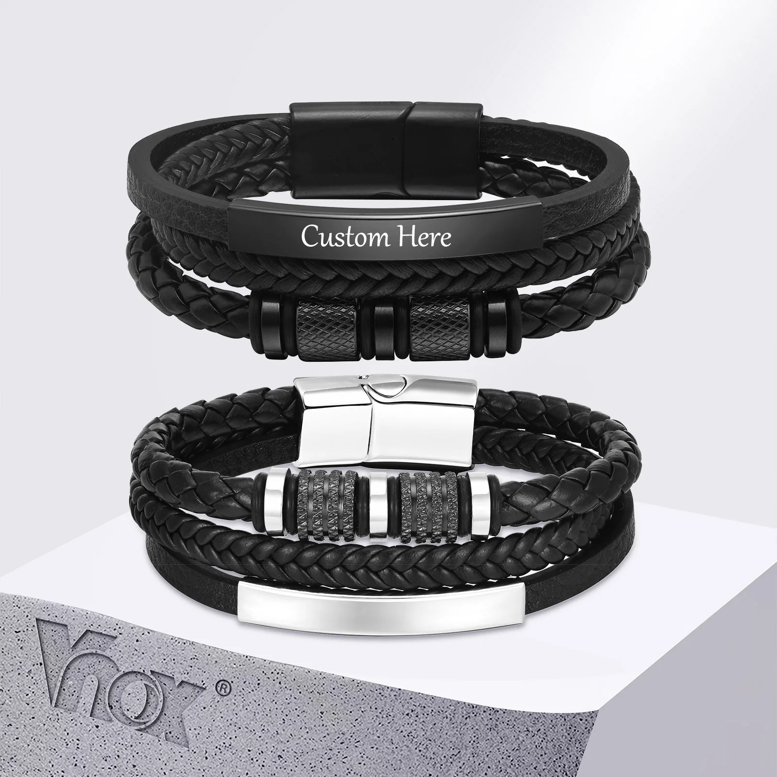 Vnox gepersonaliseerde gevlochten lederen armband voor mannen handgemaakte drievoudig geweven Pu lederen armband aangepaste naam tekst sieraden geschenken