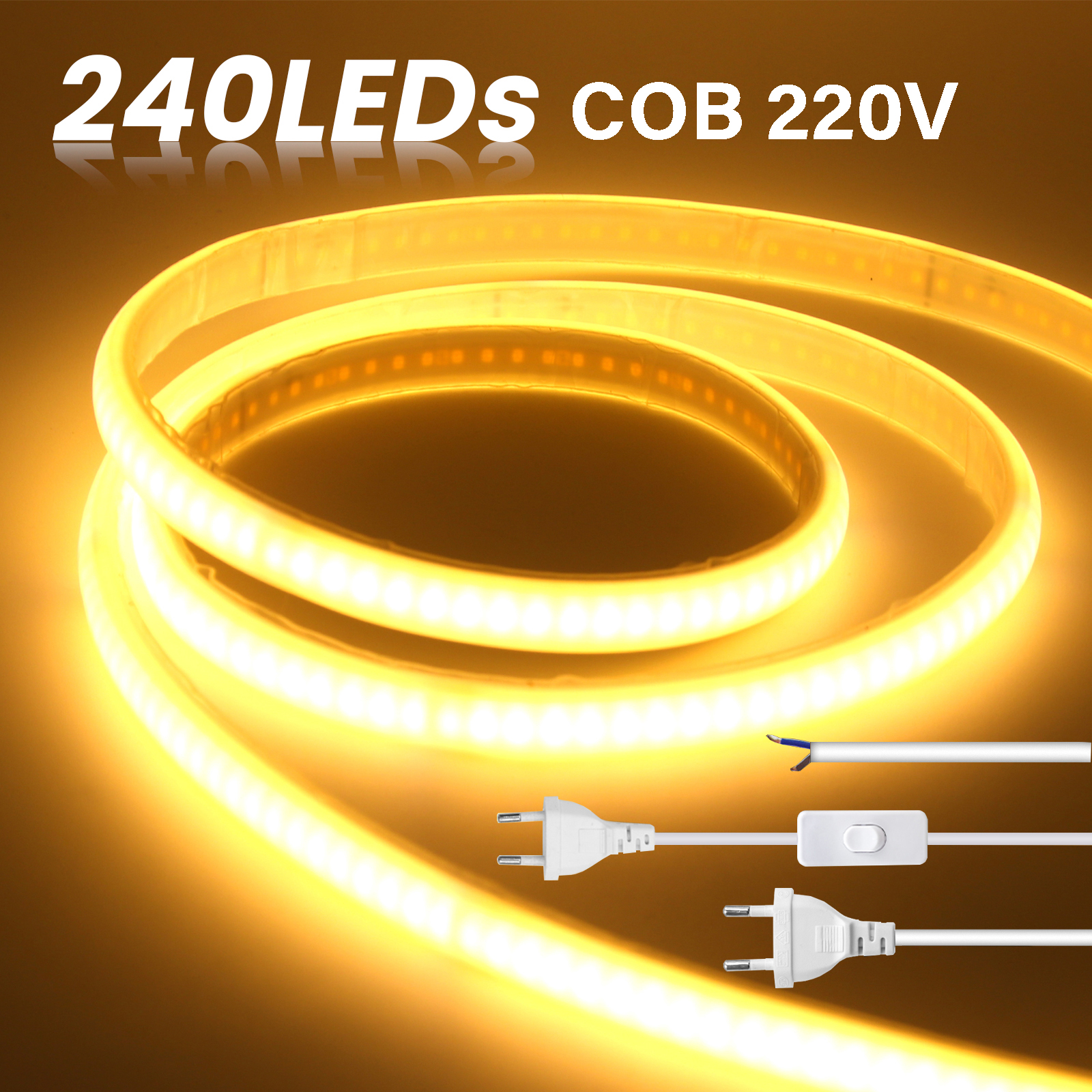 220 В клейкая светодиодная лента COB, встроенная микросхема, 240 светодиодов/м, гибкая лента IP65, водонепроницаемая неоновая лента с переключателем европейского стандарта/2 контакта