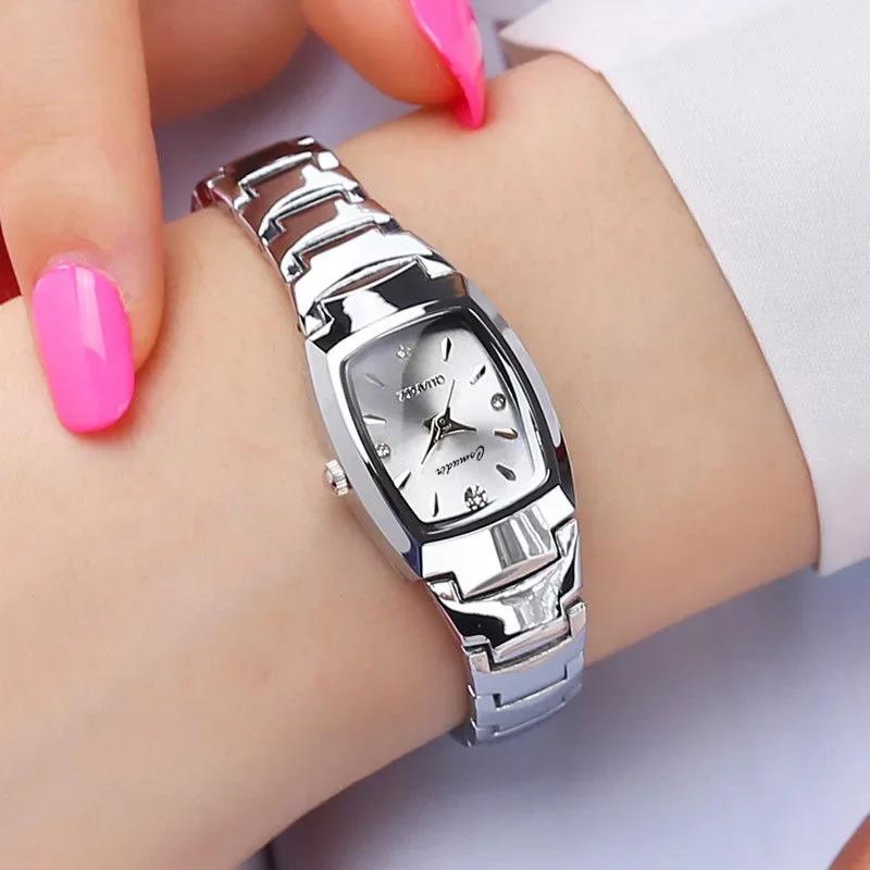Reloj de cuarzo elegante para mujer, reloj de pulsera clásico de lujo de oro rosa y tungsteno de acero inoxidable con banda de Color para mujer