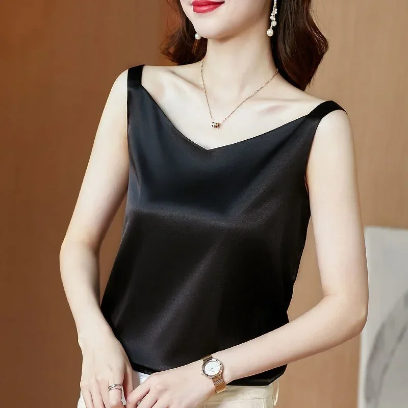 ผู้หญิงเสื้อยืด Elegant ผ้าไหมซาตินเสื้อแขนกุดหญิงฤดูร้อนสบายๆหลวมถังและ Camis สีเขียวเสื้อสําหรับสตรี