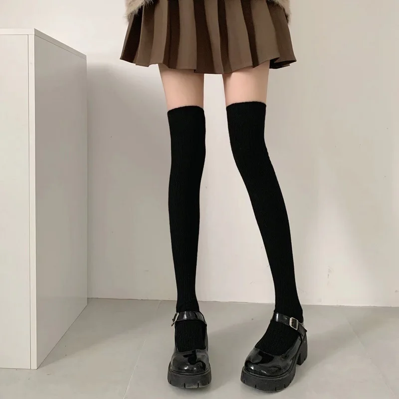 Calcetines mujer Otoño e Invierno grueso cálido Color sólido hasta la rodilla medias negro blanco rayas verticales calcetines altos hasta el muslo para mujer
