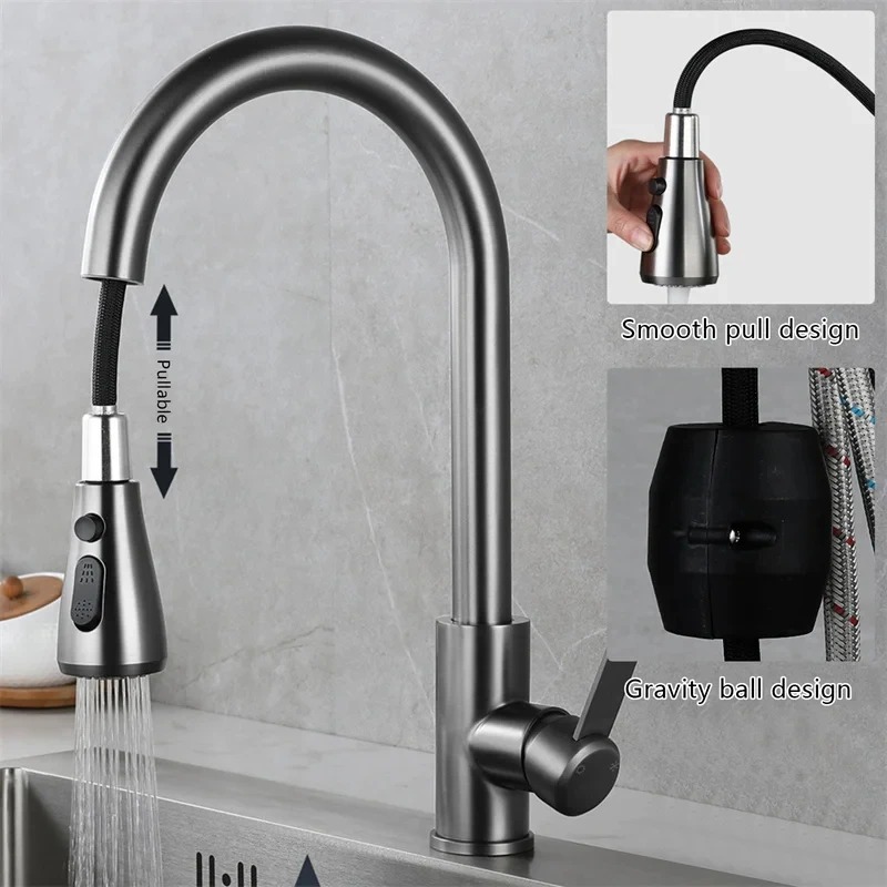 Robinets de cuisine en acier inoxydable 304, robinet d'eau extractible pour évier de cuisine, mélangeur monté sur le pont, tête de pulvérisation à jet, robinets chauds et froids