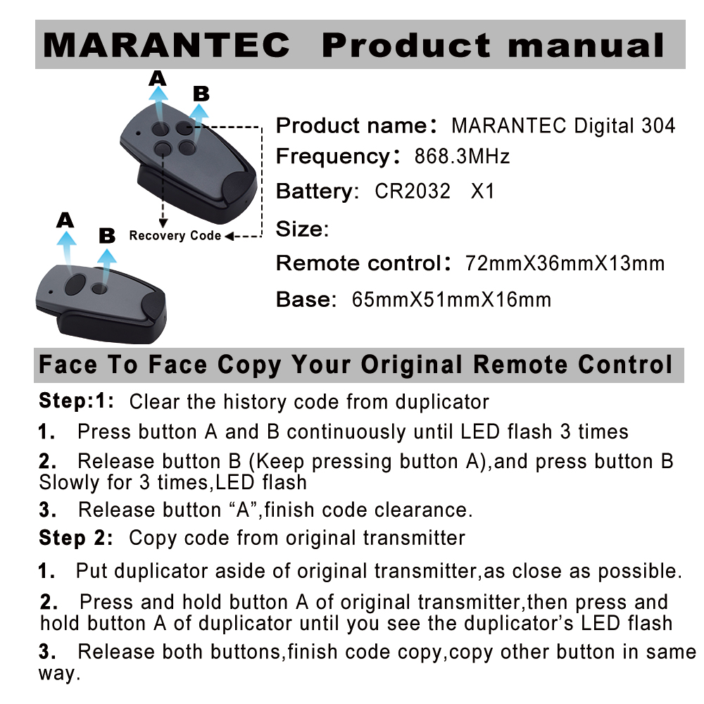 Marantec 868mhz 433mhz garage door command duplicator Marantec Digital D302 D304 382 384 remote garage gate control