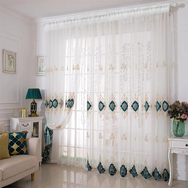 American Luxury Peony Embroidery Tulle Curtain For Living Room European Elegant Flower Sheer Voile Drapes For Bedroom