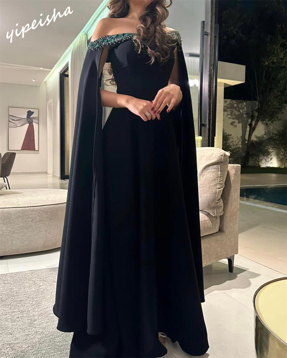 Personalizado requintado fora do ombro a linha até o chão es strass chiffon vestidos personalizados