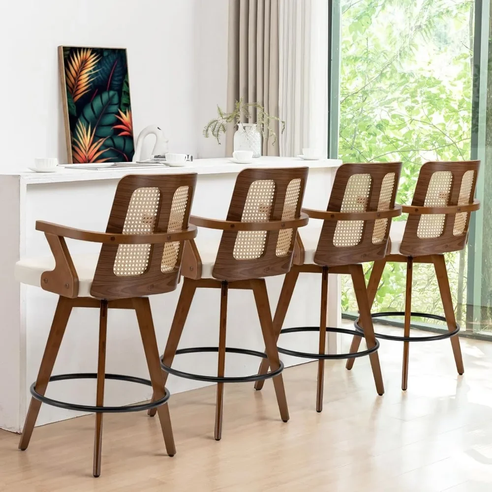 Set of 3 Mid Century Counter Stools - 27 inch Rattan Swivel Counter stools with Curved Back, Walnut Crafts, Upholstered Faux