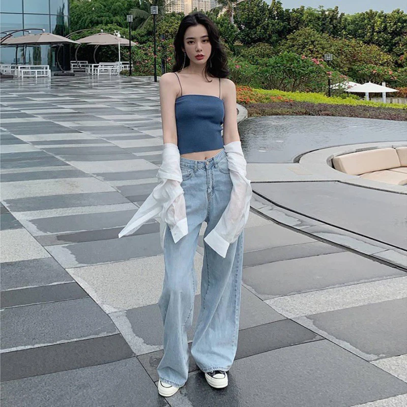 Nouveau Design Sense femmes pantalon en Denim ample rétro pantalon à jambes droites à la mode couleur unie ample décontracté pantalon à jambes larges