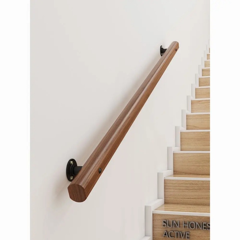 Modern Minimalist Stair Handrail, Anti-Slip Solid Wood & Iron Balustrade Wall-Mounted Safety Railing for Indoor Loft Villa Decor