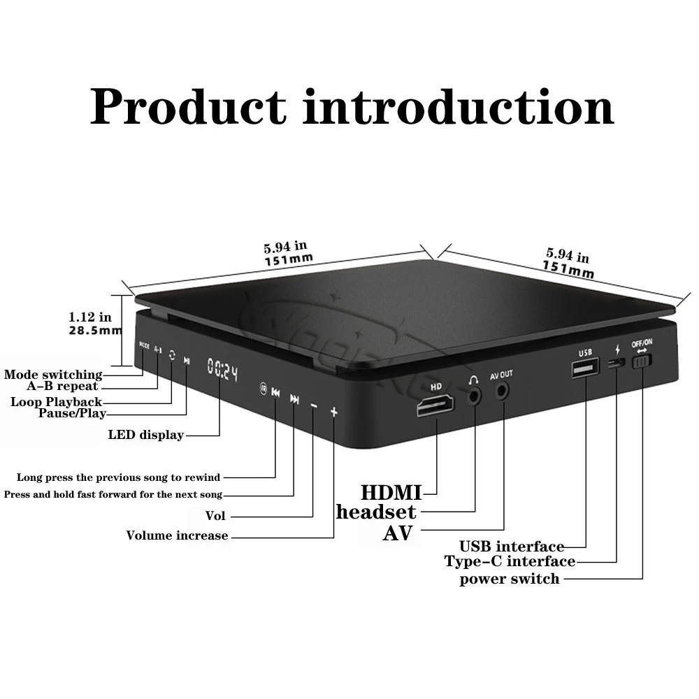 Woopker DVD Player HD Player HDMI AV Connection With USB input Headphone Output  touch LED Screen HD 1080P Type-C 5V / 2A