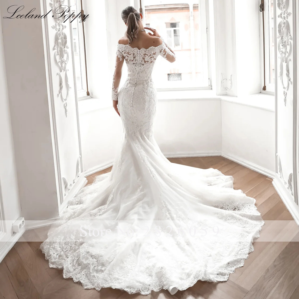 Lceland Poppy Abiti da sposa personalizzati in pizzo a sirena con scollo a barca Applicazioni di perline Abiti da sposa a maniche lunghe con strascico staccabile