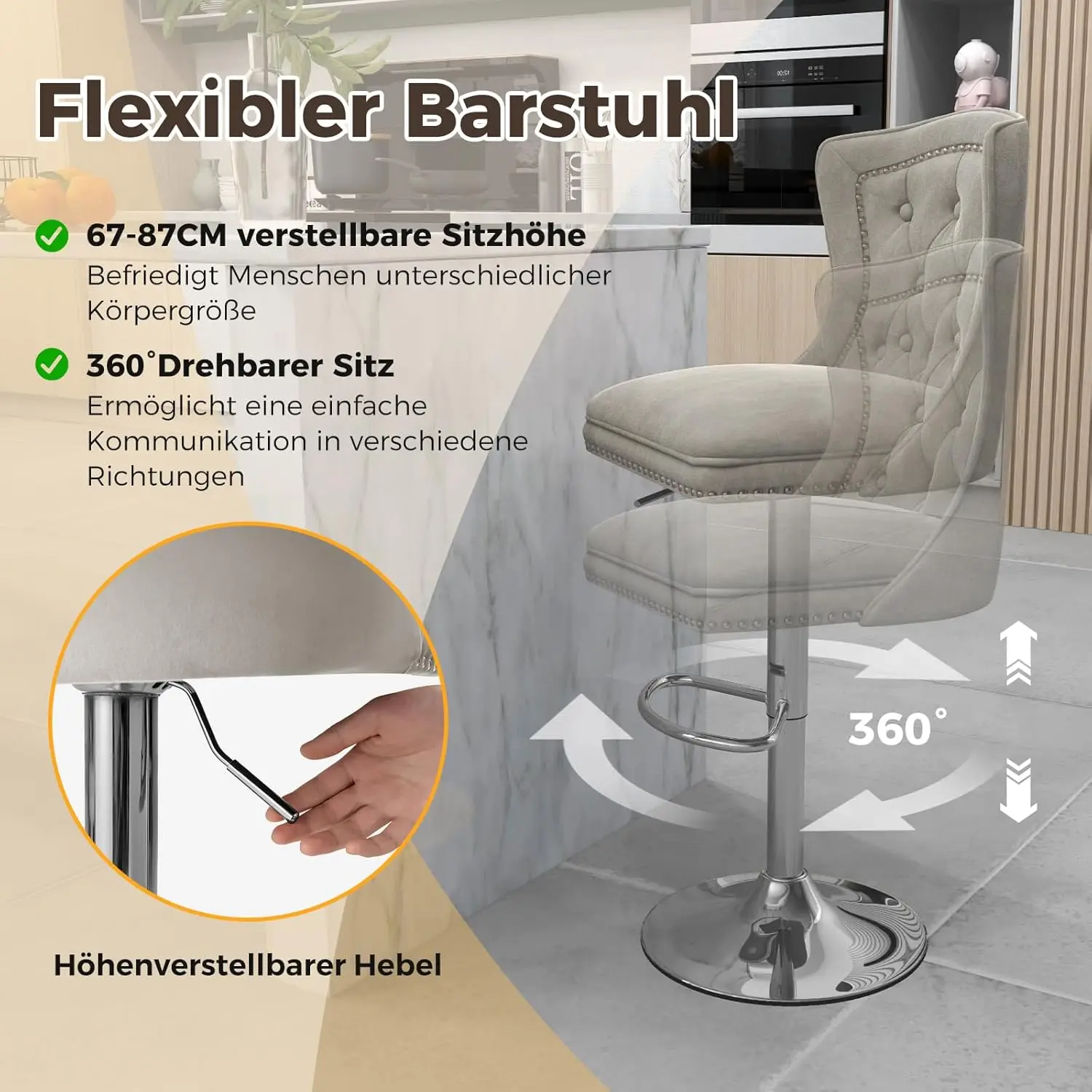 Set di 2 sgabelli da Bar, sedie da Bar 67-87 cm, regolabili in altezza, in velluto, sgabelli da cucina con schienale e Base in metallo