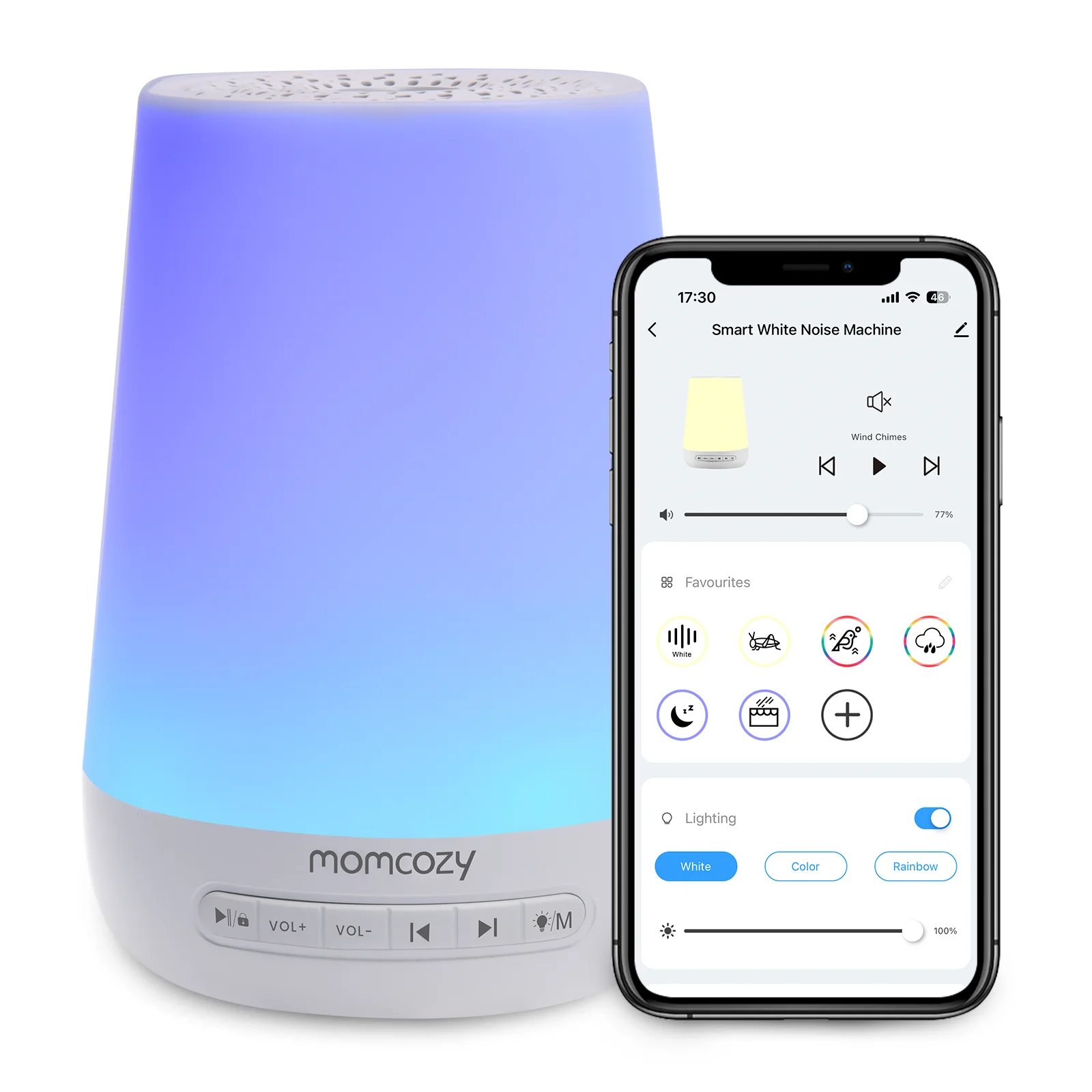 Máquina de som de ruído branco Momcozy Baby para dormir, luz noturna, 34 sons calmantes, temporizador, controle remoto por aplicativo, despertador