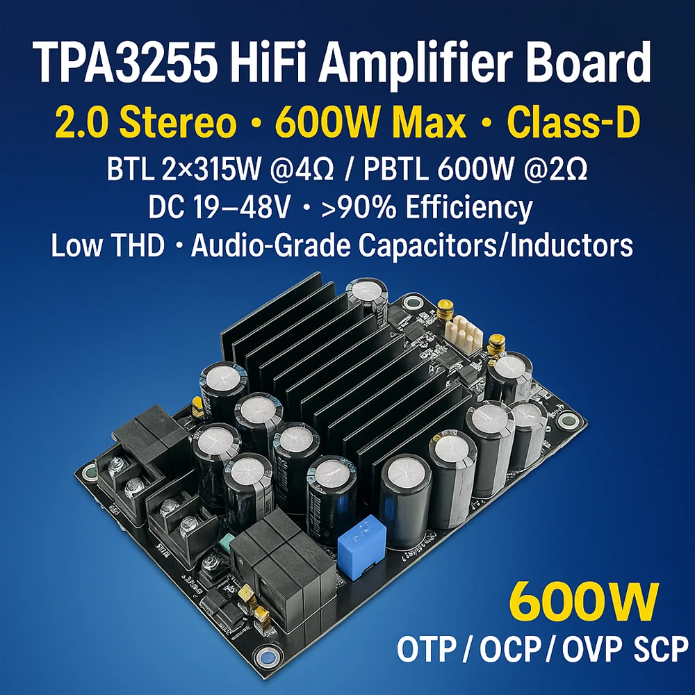 Placa amplificadora digital de alta fidelidade tpa3255, 600w 2.0, módulo amplificador de potência estéreo 48v classe d 315w + 315w, áudio diy dc