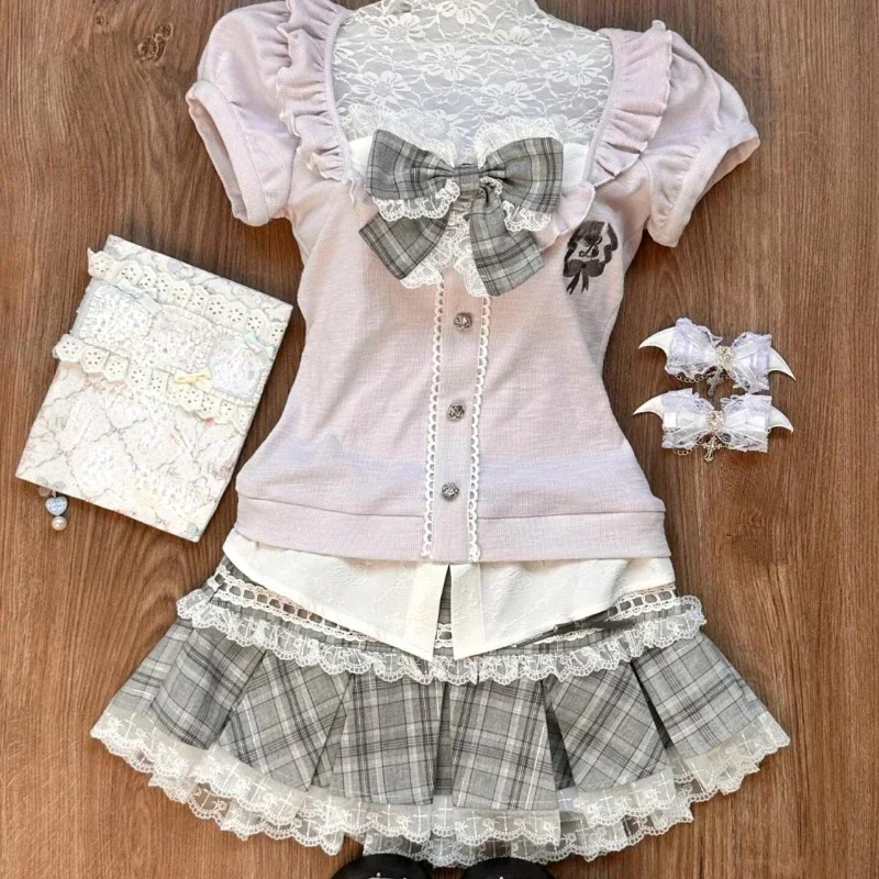 女性日本のかわいいプレッピースタイルスカートセット甘いレースパッチワークボウトップス Y2k チェック柄ミニスカート女性のエレガントなロリータ衣装
