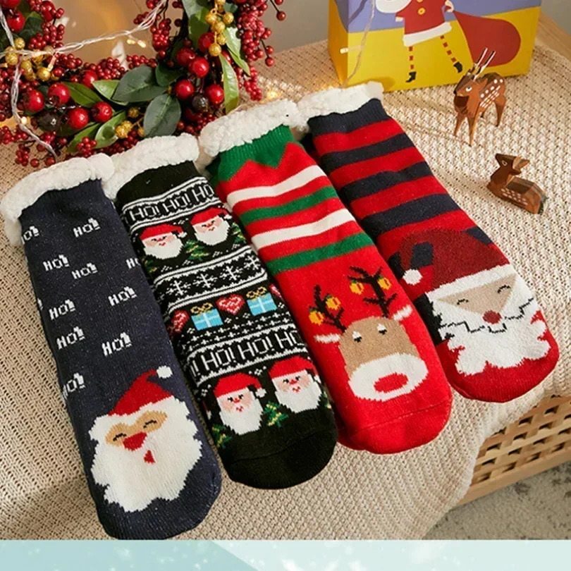 Giáng Sinh Trơn Tất Giữ Ấm Mùa Đông Sang Trọng Không Trơn Trượt Ngủ Nữ Sàn Ngắn Sock Mờ Lông Tơ Mềm Mại Nữ Hoạt Hình sock
