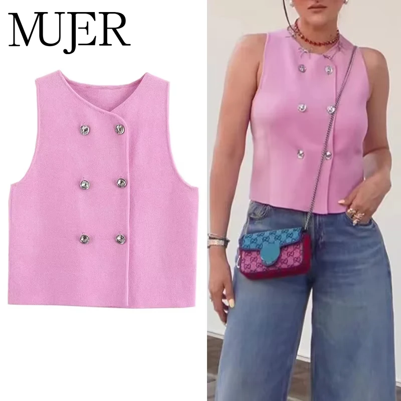 Muyer malha sem mangas colete mulher moda rosa malha recortada colete feminino duplo breasted verão colete superior novo em casaco curto