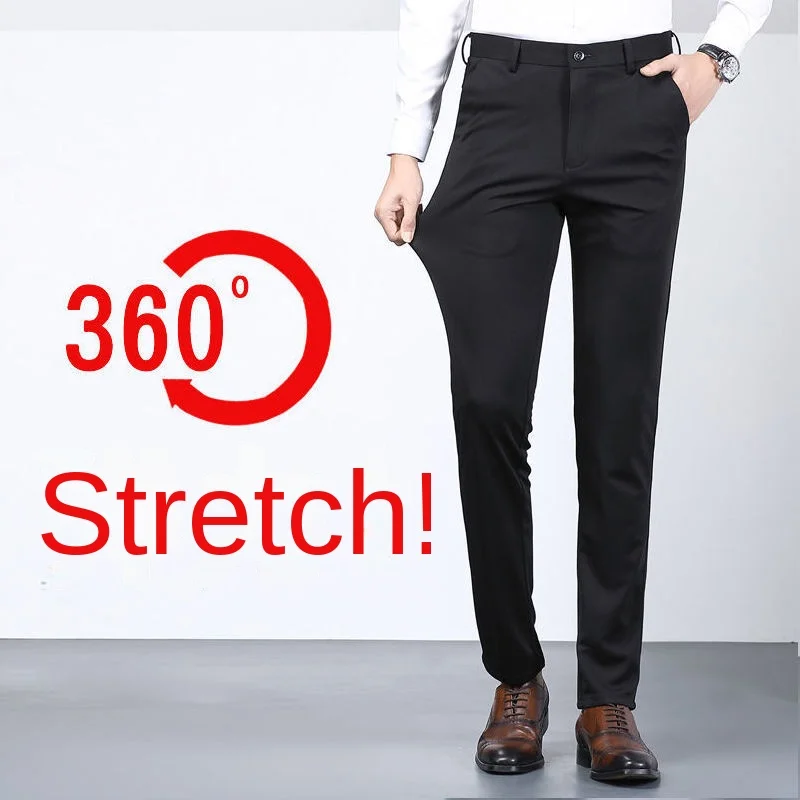 ผู้ชายฤดูร้อนสบายๆ Celana Setelan Elastic Non-Ironing กางเกงสีดำผู้ชายกางเกงบาง Slim-Fit ตรงธุรกิจชุดสูทกางเกง