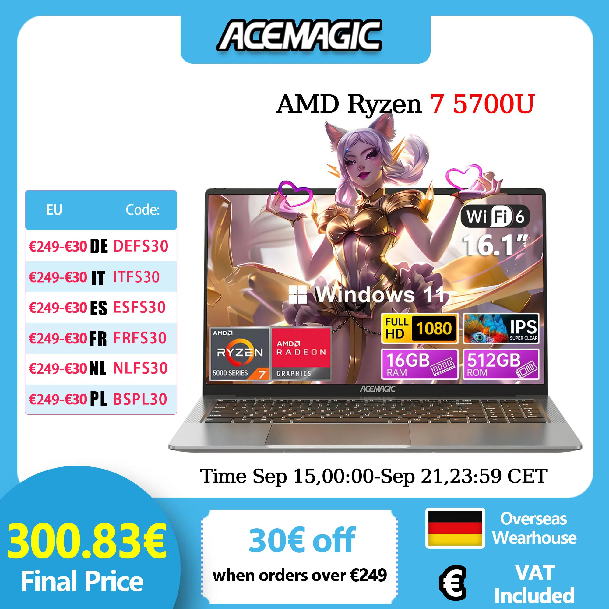ACEMAGIC Gaming-Notebook AMD Ryzen 7 5825U (Beat i7-1265U) ackbed Laptop-Tastatur RAM 16 GB NVME SSD 512 GB "Full HD 1920 x 1080
