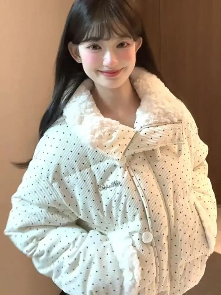 Милые парки в горошек, женские зимние свободные повседневные утепленные пуговицы в стиле пэчворк, пышные пальто, корейская мода, женская верхняя одежда с меховым воротником