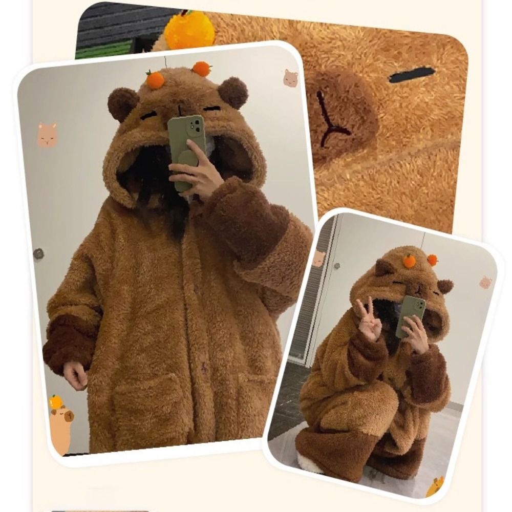 Süße Capibara Pyjama hose Set warmes Winter Nachthemd Korallen vlies mit orange Clips Nachtwäsche
