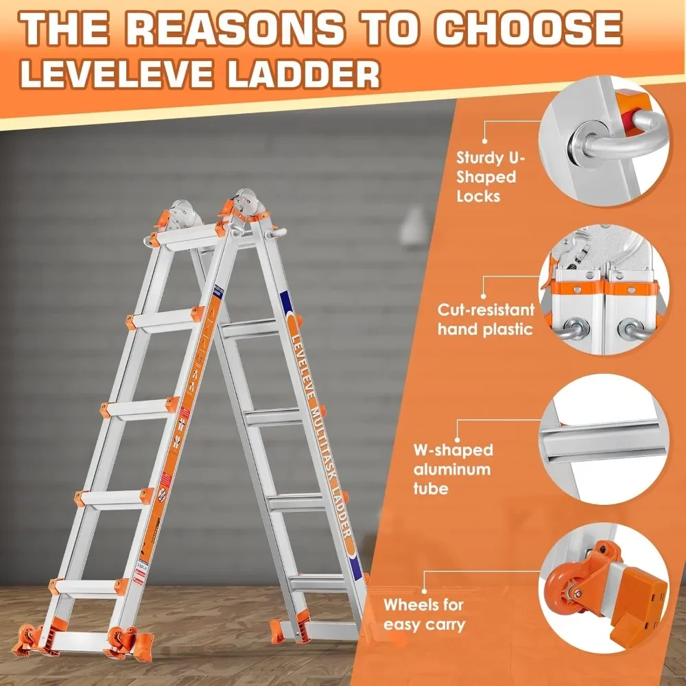 A Frame Step Ladder,Extension Ladder with Stabilizer Bar & Wheels,330 lbs Security Load Multi Position Ladder for Stairs Home
