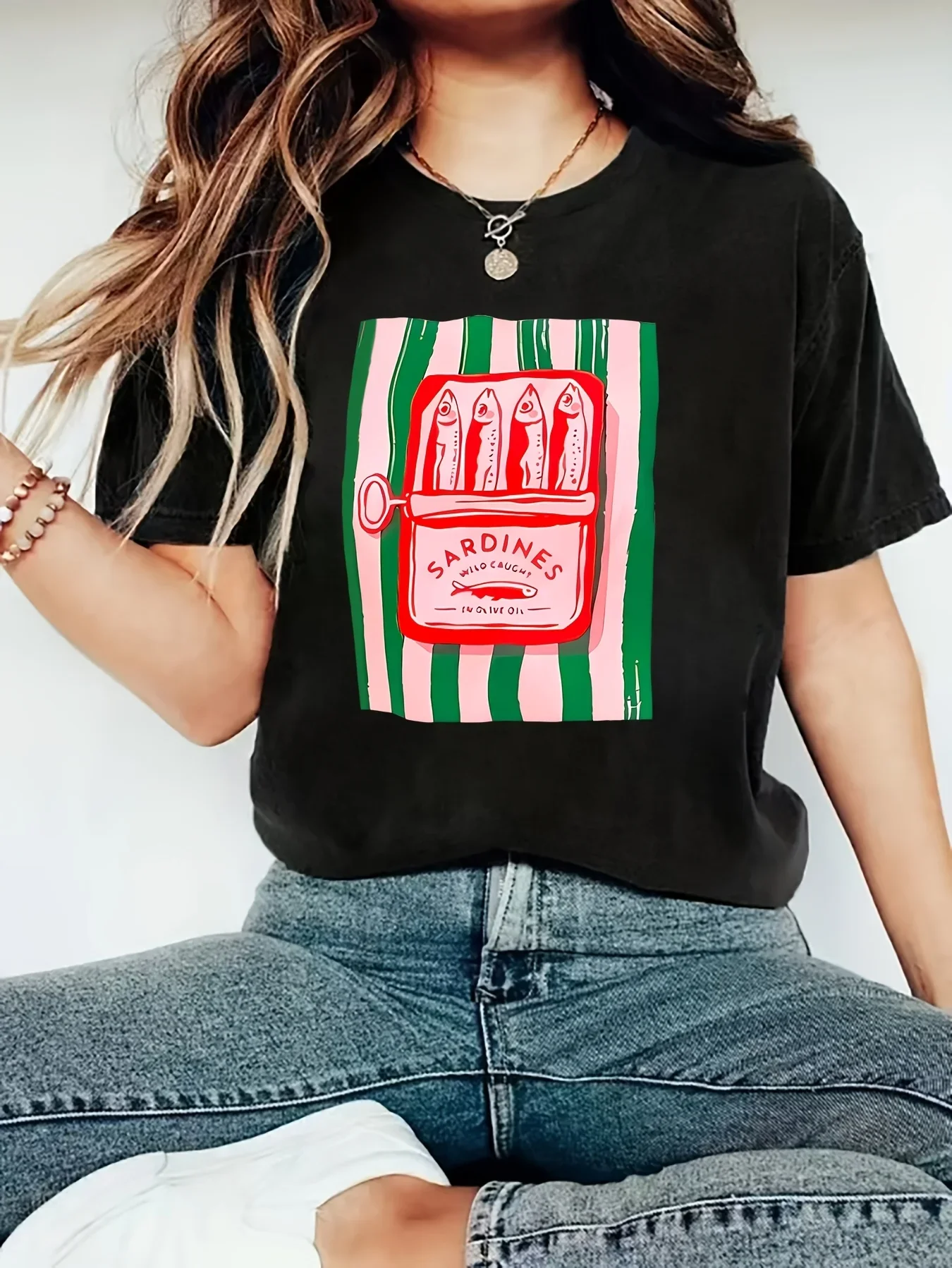 American Y2k Sardine Pattern Printing Women's Casual T-shirt Summer Y2k Multifunctional Street Clothing Short-sleeved Top