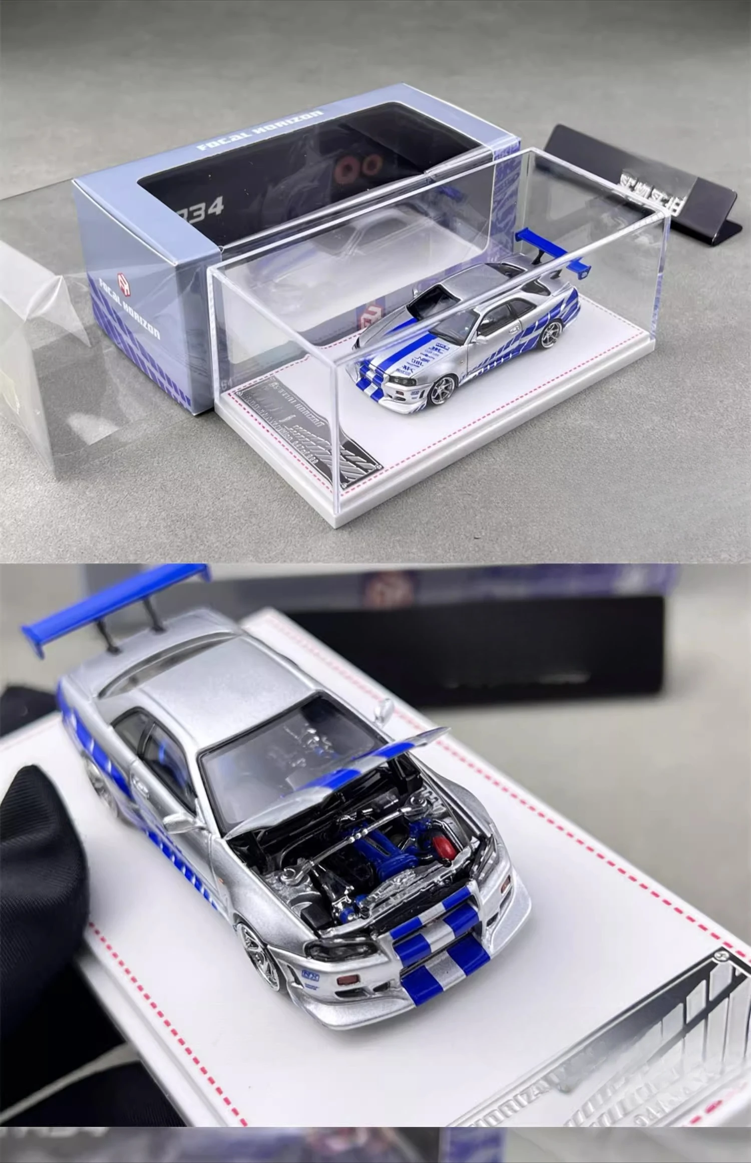 Focal Horizon FH 1:64 R34 Fast Furious C-West FNF Серебристо-синяя модель автомобиля