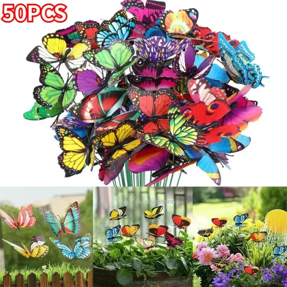 24PCS 10PCS 3DสามมิติPVCจําลองผีเสื้อตกแต่งสวนกลางแจ้งดอกไม้เสาสีสุ่มที่สวยงาม