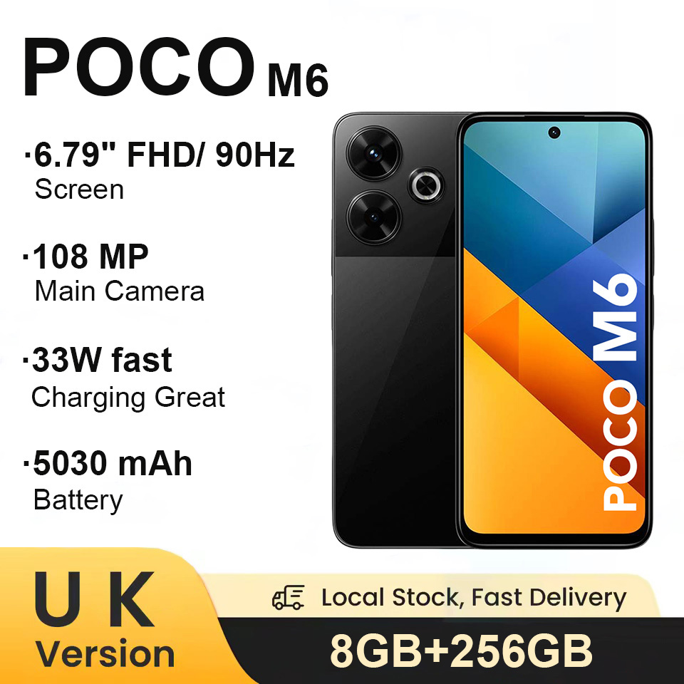 UK Version POCO M6 Smartphone 256GB MediaTek Helio G91 Ultra 108MP Pro-Grade Main Camera 5030mAh Battery 33W Fast Charging