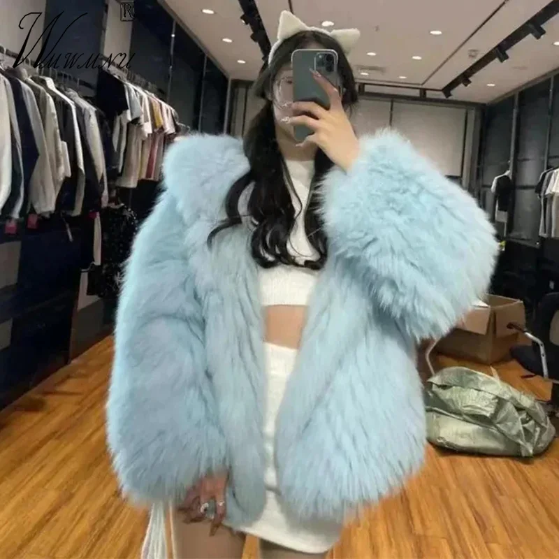 Ropa de calle, chaquetas holgadas de piel sintética con capucha, abrigos de invierno cálidos coreanos de imitación de pieles de zorro, abrigo de felpa grueso y peludo para mujer