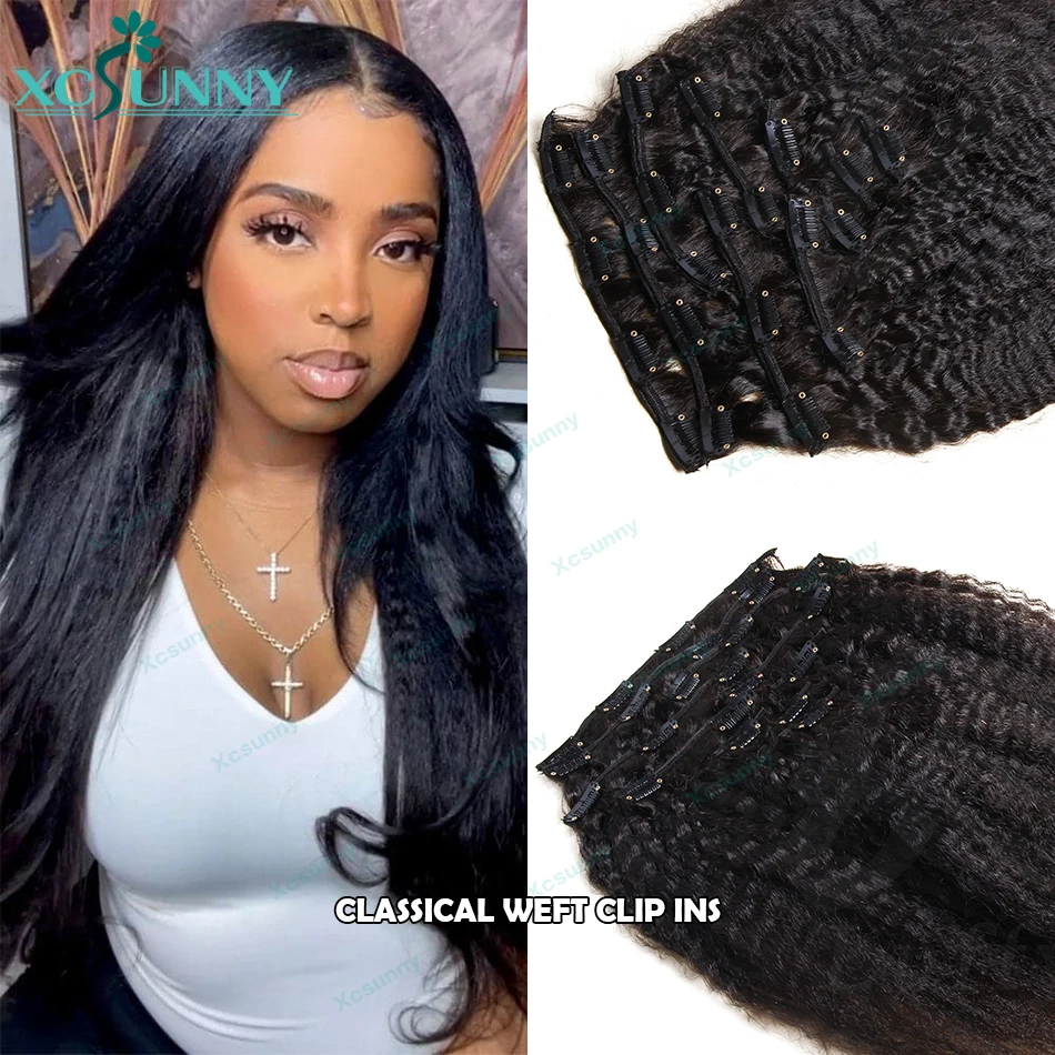 Clipe de plutônio sem costura em extensões de cabelo kinky em linha reta birmanês clássico trama clipe ins extensões de cabelo humano para preto