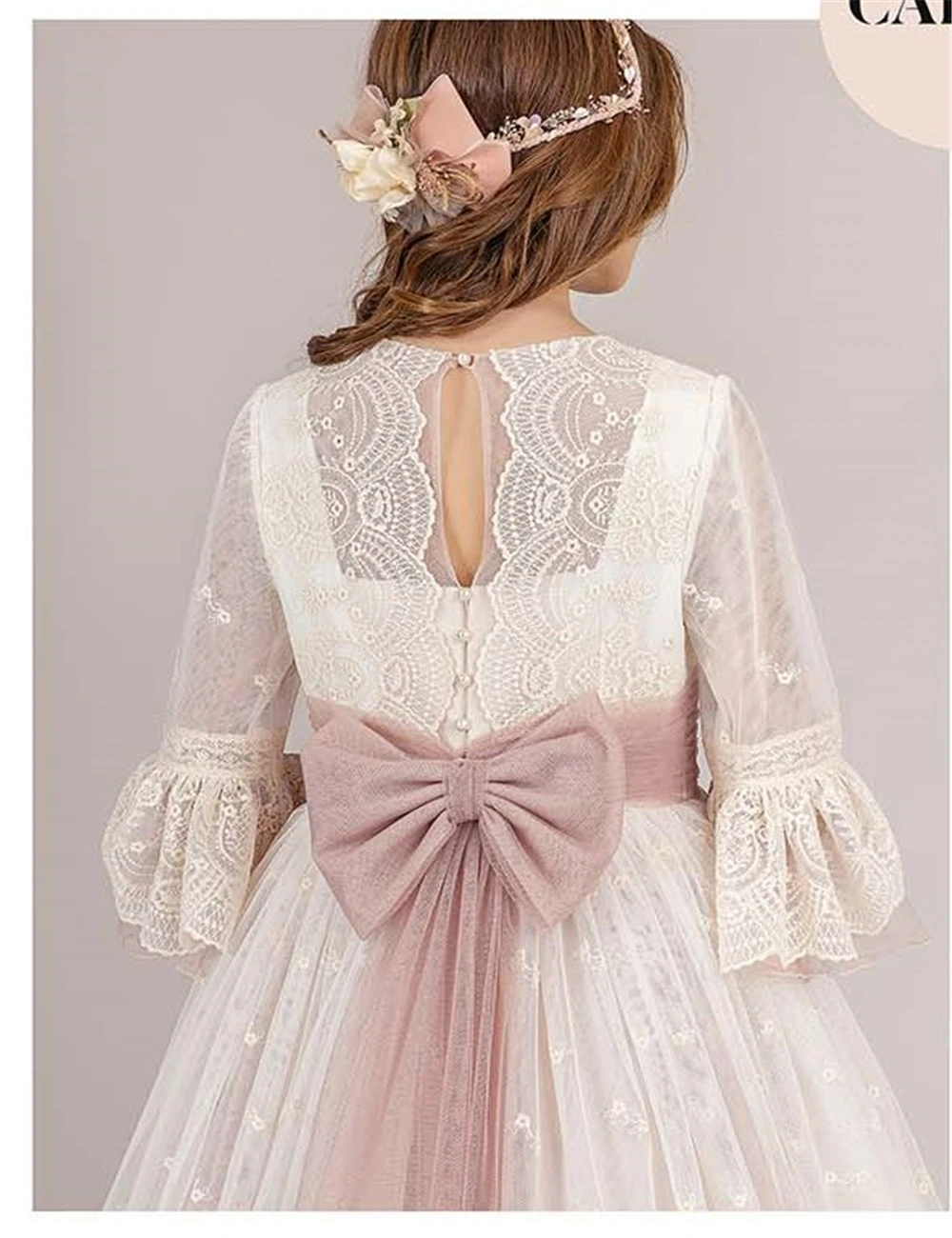 고급스러운 핑크 컬러 플라워 걸 드레스 웨딩 드레스 레이스 Appliqued Ruffle Layering Tulle First Communion Ball 가운