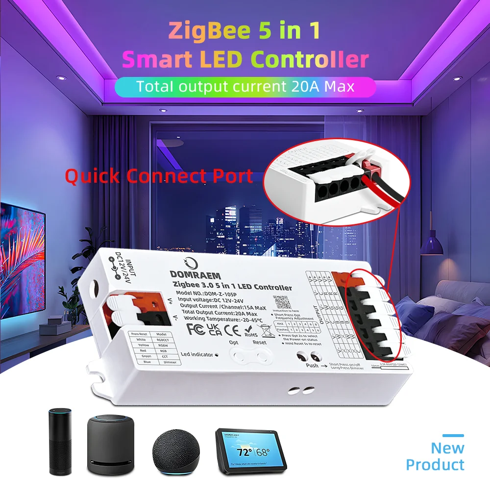 Kontroler LED DOMRAEM Zigbee 3.0 5 w 1, ściemniacz, CCT RGB RGBW RGBCCT, kompatybilny z aplikacją HU*E SmartThings, sterowanie głosowe, maks. 20A