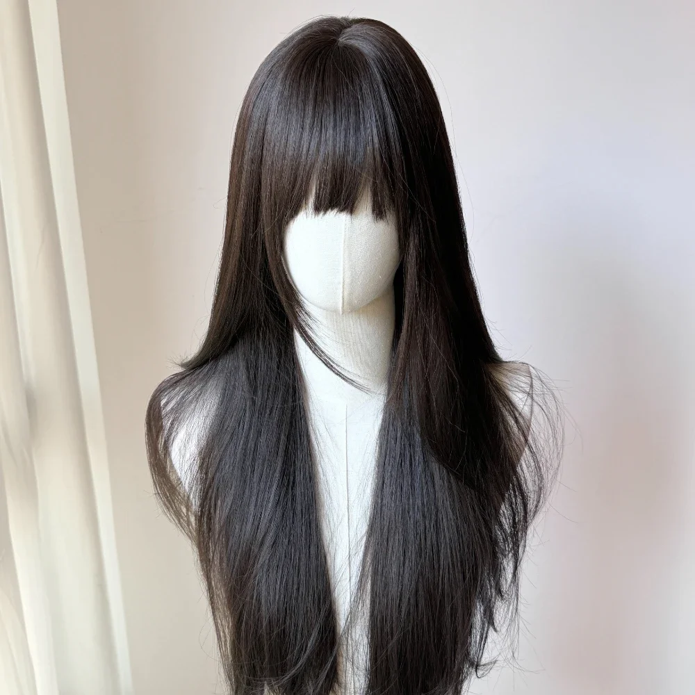 フリンジ付きブラックウィッグ,ストレートヘア,サイドバームヘア,日本のJKロリータ,シミュレーションヘア,ヘッドバンド
