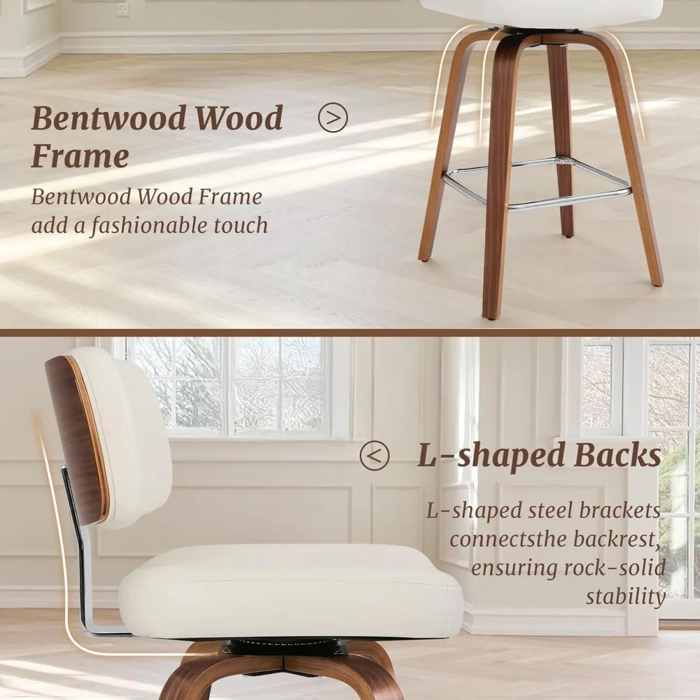 Swivel Counter Height Bar Stools Set of 3, 26" Upholstered Seat Barstools with Back Walnut Wood Legs, Mid-Century PU Leather Bar