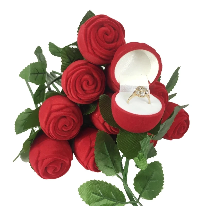 Flocked Rose Ring Box Long Root Rose Earring Ring Storage Box High-end Gift Box Engagement Ring Storage Box