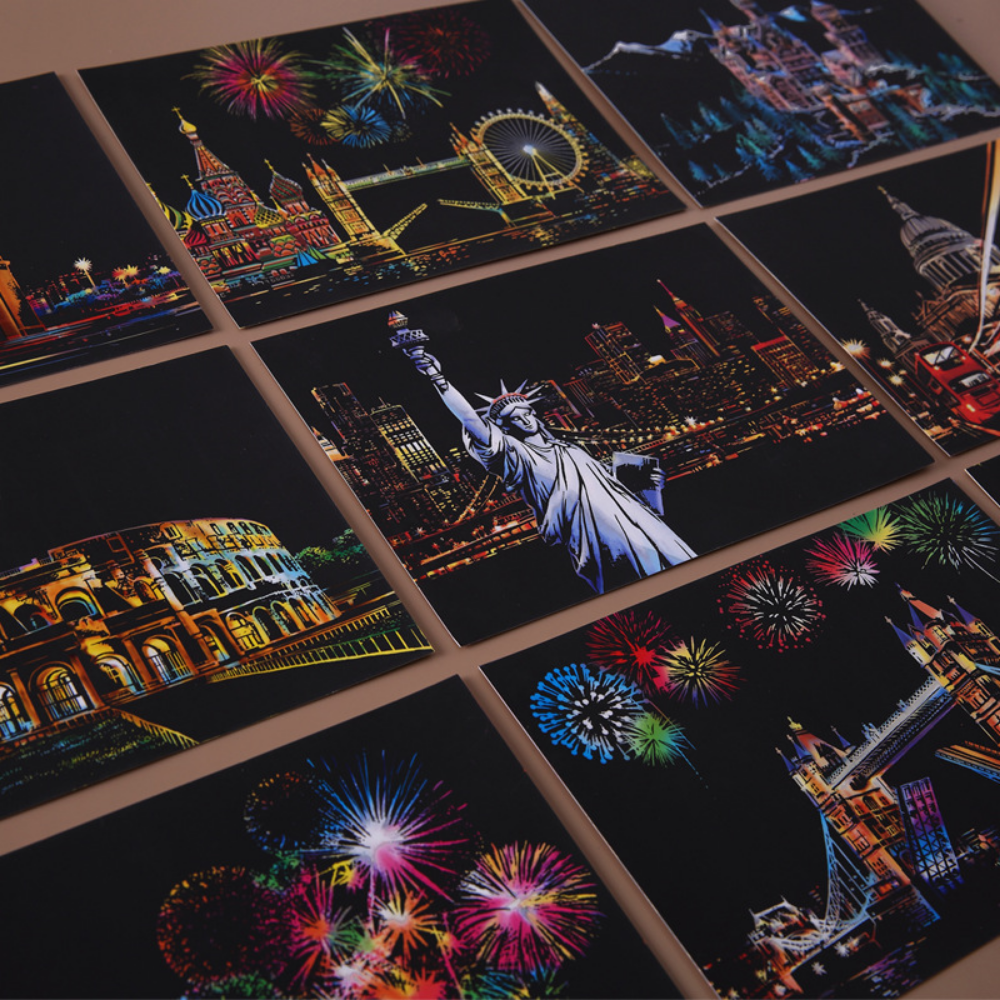 4Pcs 어린이 DIY 밤 장면 아트 스크래치 그림 장난감 도시 건물 풍경 어린이 교육 장난감 생일 선물 룸 장식