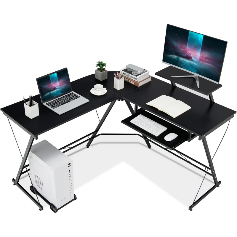 Escritorio para computadora en forma de L con soporte central extraíble, escritorio de trabajo en ángulo para el hogar y la oficina con estante para monitor extraíble y teclado