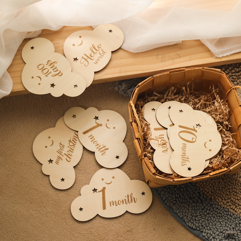Spanish Alphabet Baby Wooden Milestone Number Month Memorial Cards Items Cute Cloud Shape Newborn Photography Accessories Props